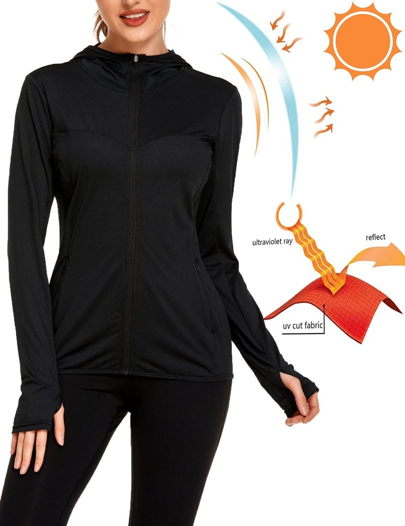 COOrun Women's UPF 50+ Sun Protection Hoodie Jacket Lightweight Full Zip Running Jacket Athletic Workout Top with Thumb Holes Zipper Pockets Black XL