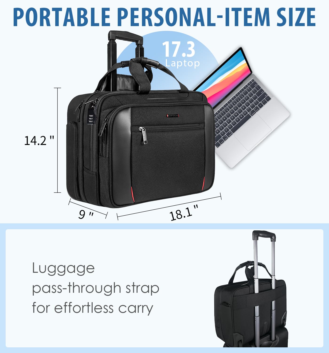 EMPSIGN Rolling Laptop Bag Laptop Roller Case for 17.3 Inch Wheeled Briefcase with RFID Pockets Water-Proof Laptop Trolley Case for Travel/Busines/Men