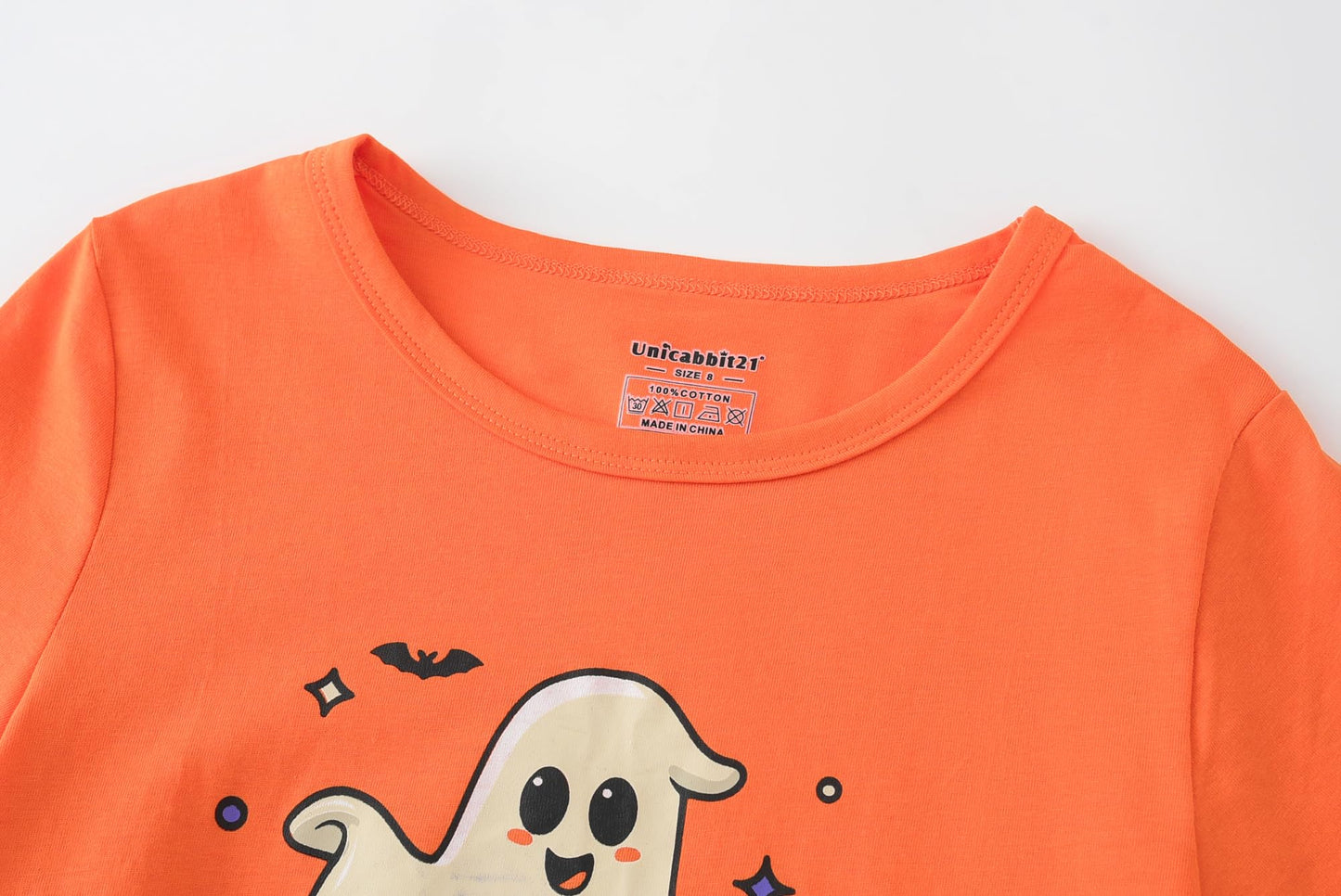 UNICABBIT21 Pajamas for Girls Cute Orange and Black Ghosts Halloween Pants and Short Sleeve Tee Big Kids Sleepwear Set Size 12