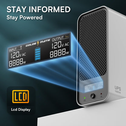 GOLDENMATE 1000VA/800W Lithium UPS Battery Backup and Surge Protector, Backup Battery Power Supply with LiFePO4 Batteries(230.4 Wh), Sinewave UPS System, 10 Years Lifespan, 8 Outlets, LCD Display