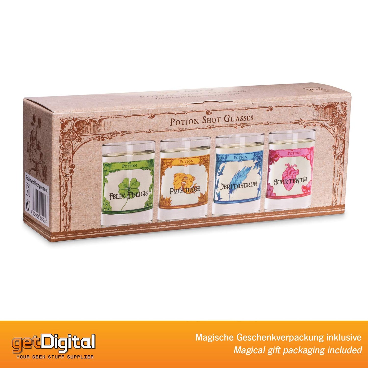 getDigital Magic Potion Shot Glasses Set - 4 Magic Glass Tumblers for Spirits & Liqueurs - 4cl Each, Dishwasher Safe
