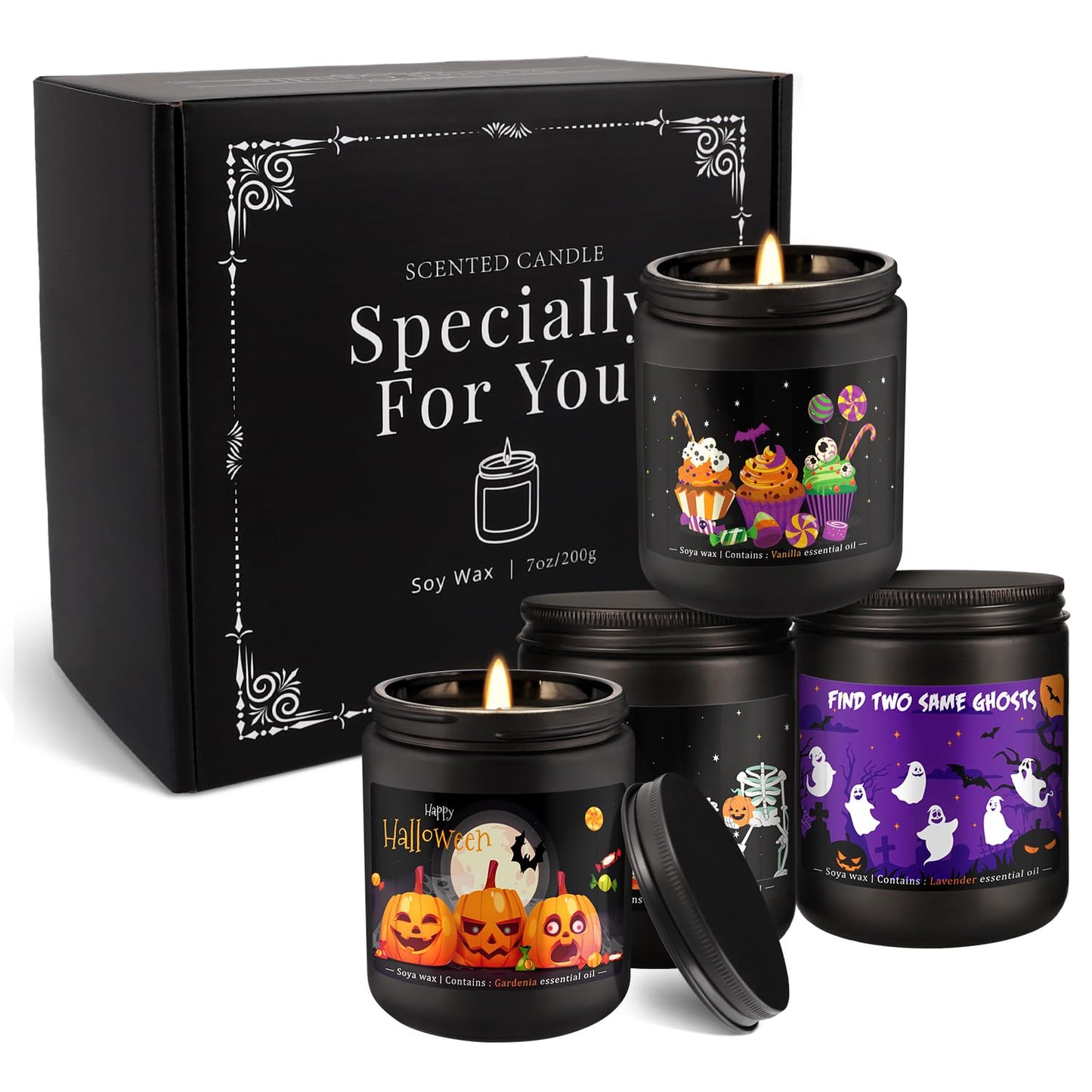 Wfmolcand Halloween Candle Set, 4 Pack Scented Candles Gift with Pumpkin|Skull|Ghost|Witch|, Long Lasting Burn Candles (7 oz Each), for Halloween Decorations Indoor, Candle Gift Set for Holiday.
