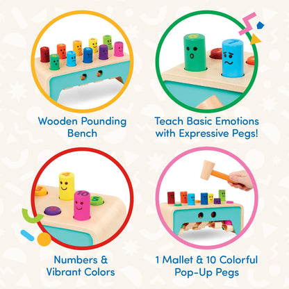 Battat – Wooden Hammer Toy for Kids, Toddlers – Pounding Bench with Pegs and Mallet – Colorful Developmental Toy – 1 Year + – Pound & Count Bench