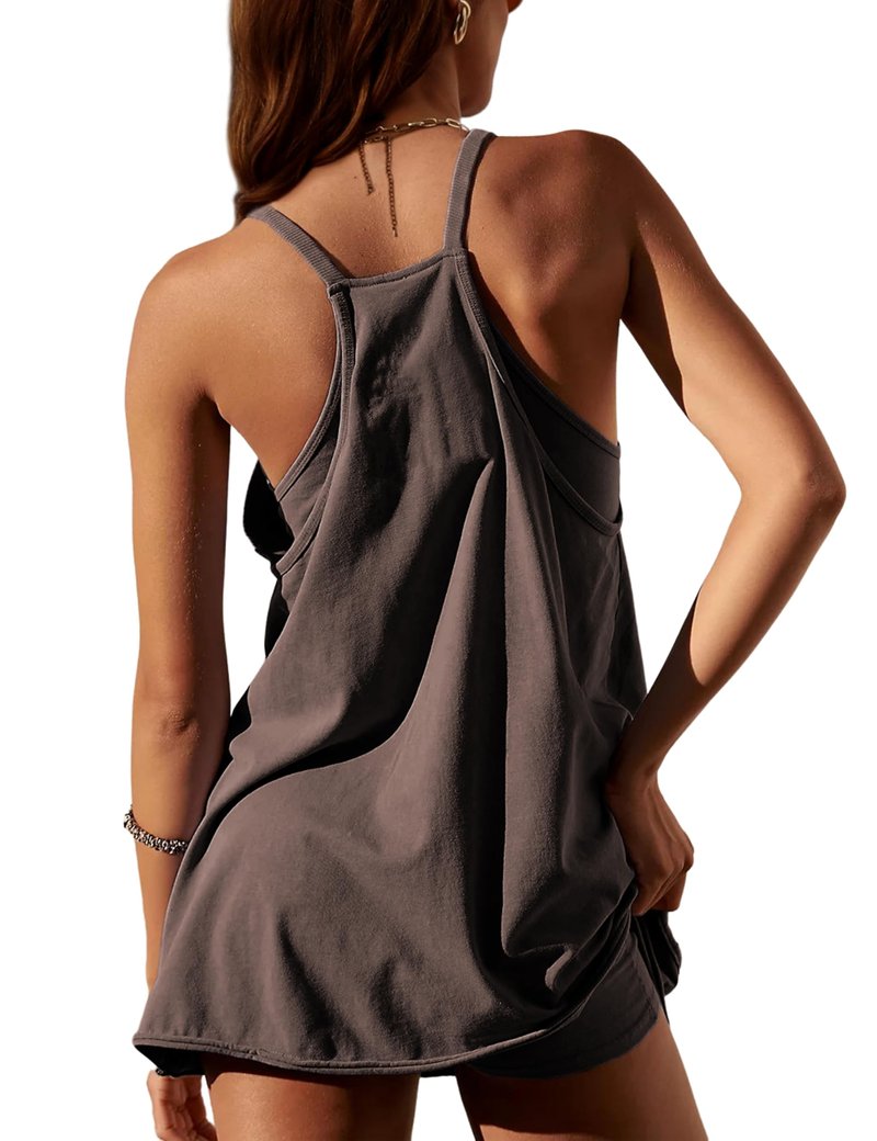Lentta Womens Athletic Sleeveless Mini Dress with Built-in Shorts V Neck Spaghetti Strap Sundress(Coffee-L)