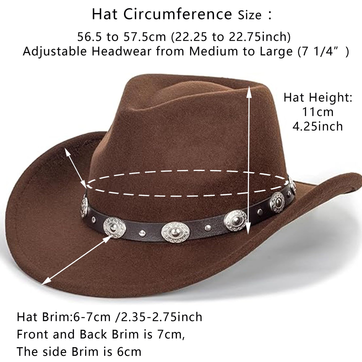 IZUS Western Outback Felt Cowboy Hat for Women Cowgirls-Fedora Rodeo-Hat 22"-22.75" fit for Medium