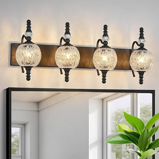 Modern Crystal Bathroom Vanity Lights Fixtures Over Mirror Black Vintage 4-Lights 28 Inch Bathroom Light Fixtures Glass Crystal Vanity Lights