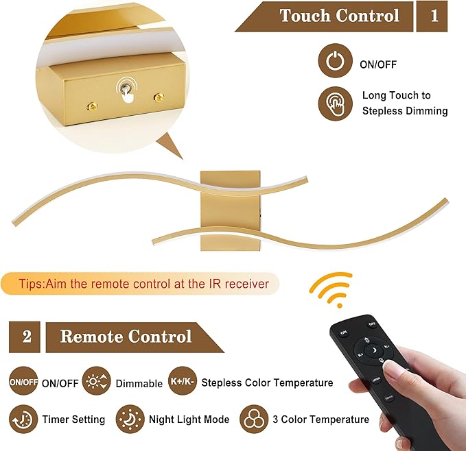 Battery Operated Wall Sconces Set of Two with Remote Control, Stepless Colors 3000K-6000K & Dimming, LED Gold Wireless Wall Light for Living Room, Hallway, Bedroom, 31.5 Inch (2 Pack)
