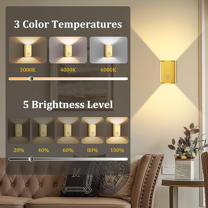 Battery Operated Wall Sconce Light: 5000mAh Rechargeable Motion Sensor Night Light 3 Colors Wireless Sconce Magnetic Closet Lights Motion Sensor Stair Light Indoor LED Wall Light for Bedroom Hallway