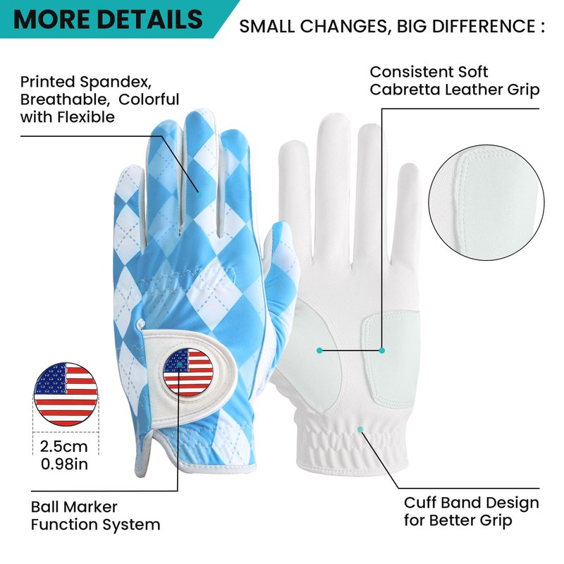 FINGER TEN Golf Gloves Men 1 Pack with Ball Marker for Left Hand Right, Stylish Patterns & Breathable Design for Comfortable All-Weather Grip, Golf Glove Sizes S M ML L XL (Blue Plaid, Large, Right)
