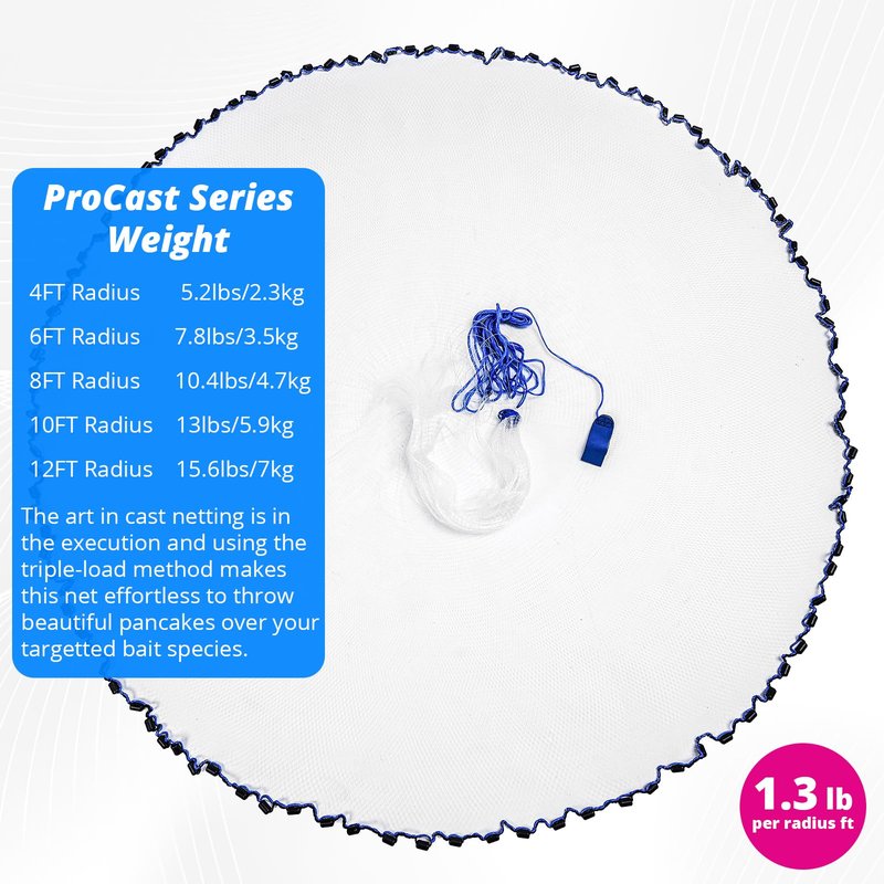 1.3 lbs/ft Fishing Cast Net with Eco-Friendly Lead Weights, 3/8inch Mesh Size, Throw Nets for Freshwater & Saltwater, 4/6/8/10/12 Ft Radius Casting Net (10 ft Radius)
