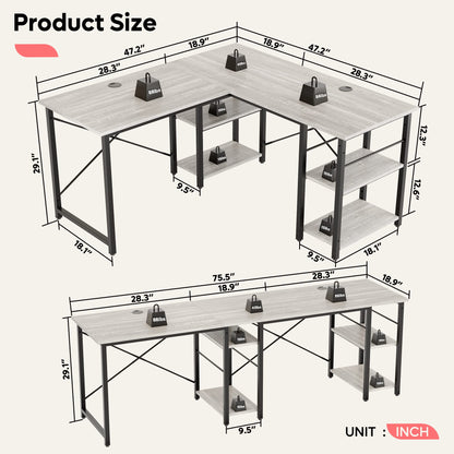 Bestier L Shaped Desk with Shelves 75 Inch Reversible Corner Computer Desk or 2 Person Long Table, Writing Study Desk for Home Office Small Space Bedroom Apartment, Wash White
