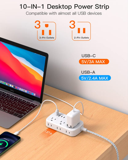 Flat Extension Cord, BESHON 5FT Flat Plug Power Strip with USB C, 6 Outlets 4 USB Port(2 USB C), No Surge Protector, Cruise Ship, Dorm Room Travel Essentials