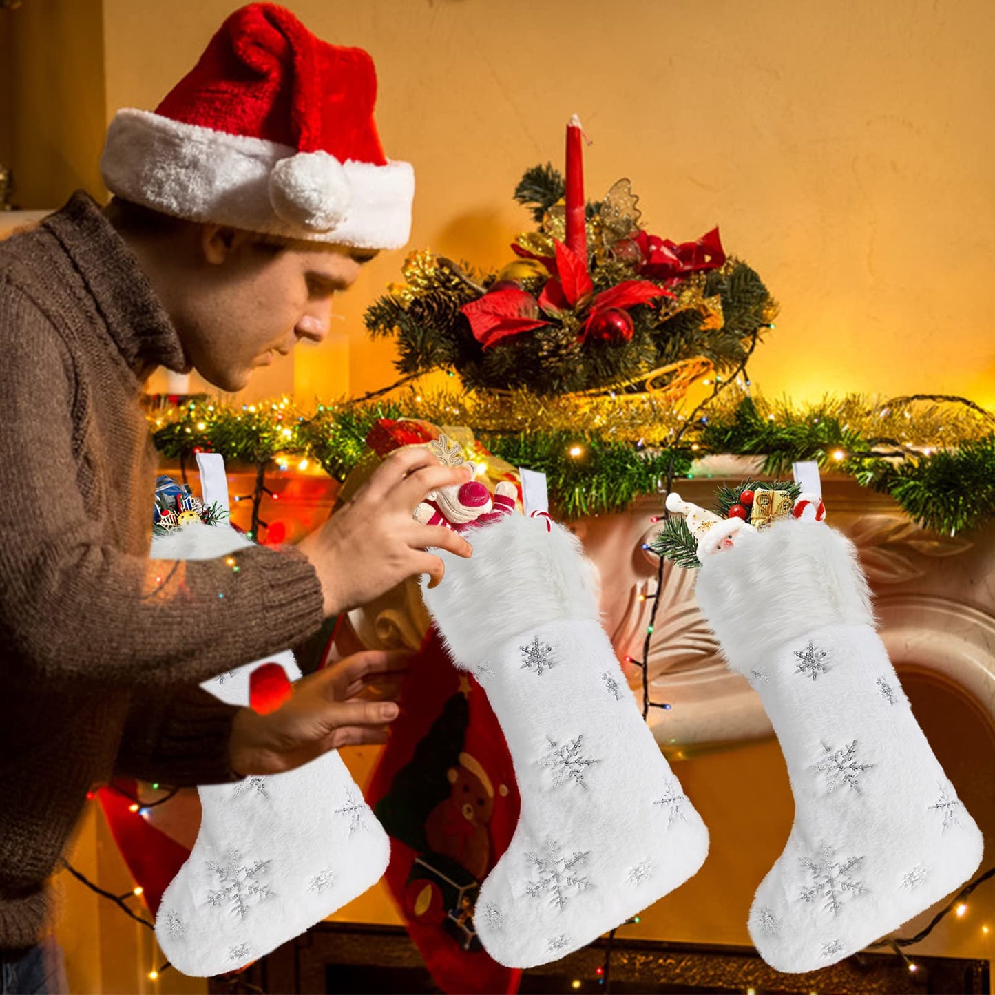 DIYASY White Christmas Stockings, 4 Pack Large Faux Fur Christmas Stockings with Silver Sequin Snowflakes Personalized Christmas Stocking for Fireplace Hanging and Holiday Party Decoration 17.5 Inches