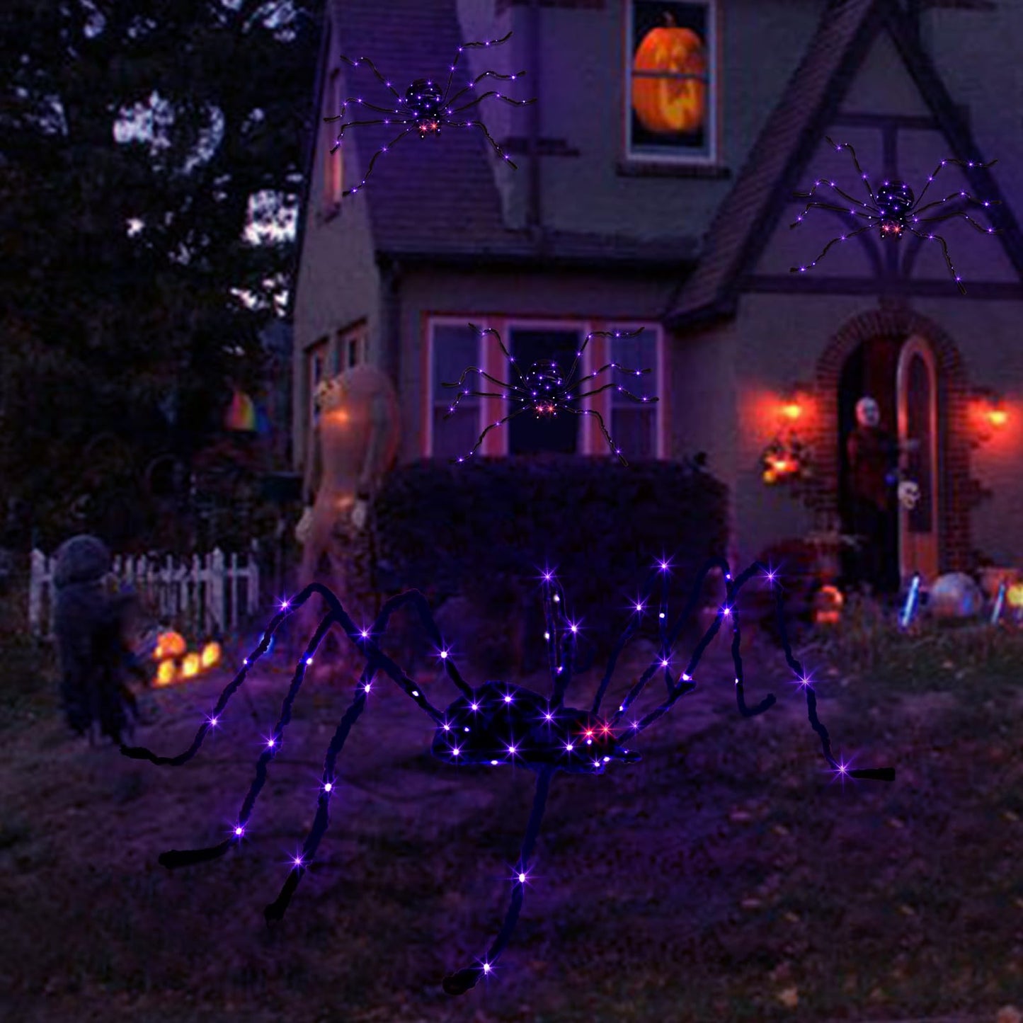 EAMBRITE Halloween Decorations Outdoor 5FT Bendable Scary Giant Spider with 83LT Purple Lights Black Fake Spider for Halloween Indoor Outdoor Yard Home Parties Creepy Décor