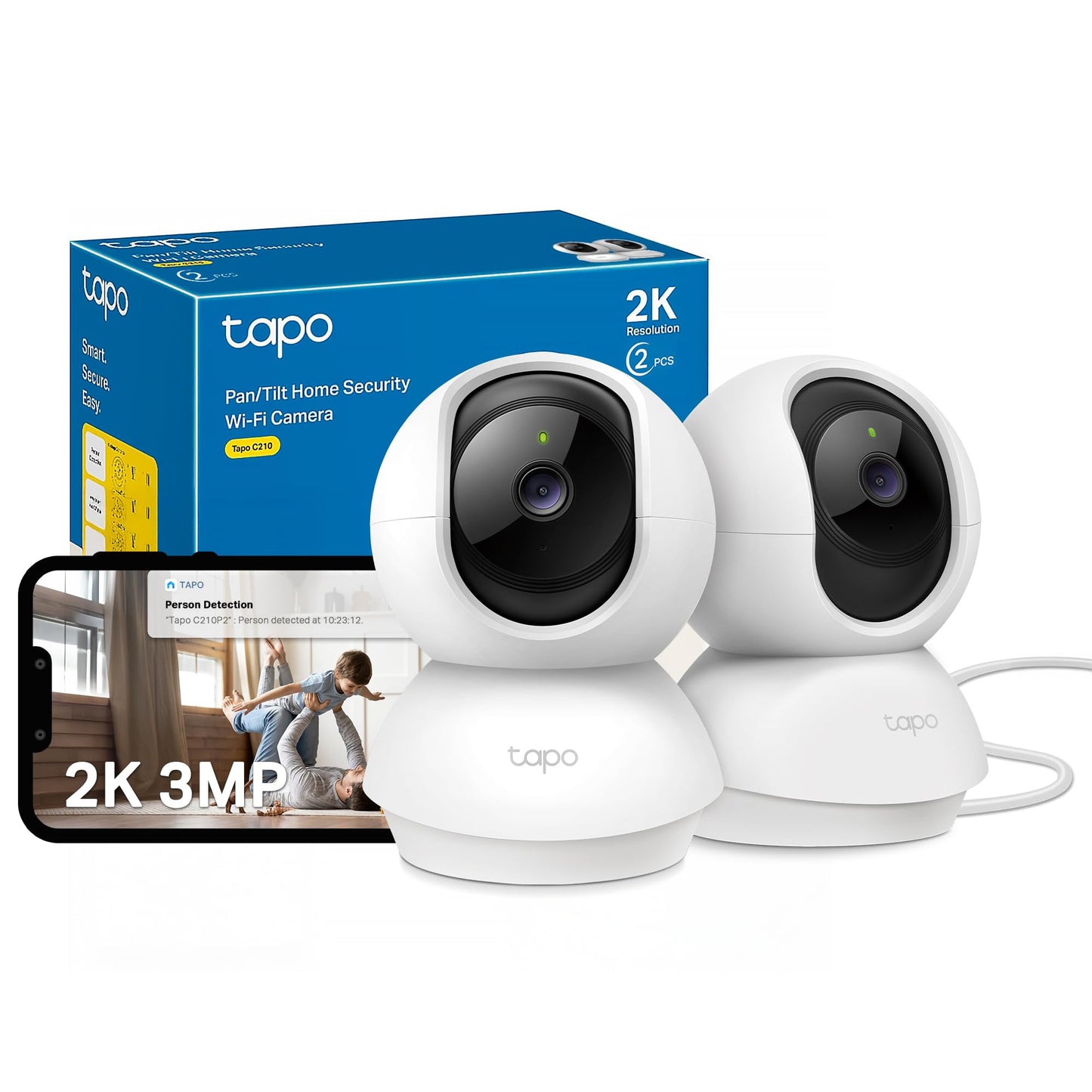 Tapo Wifi Indoor Camera, 2K 3MP Full HD Baby Camera, 360° Security Wireless Pet Camera, Night Vision, Work with Alexa & Google Home, 2 Pack(Tapo C210P2) (Package may vary)