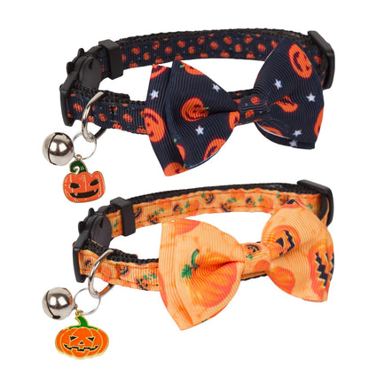 PTDECOR Halloween Cat Collars with Bow Tie Bell, 2 Pack Breakaway Kitten Collar with Removable Bowtie Pumpkin Halloween Collar for Girl Boy Cats (Black & Yellow)
