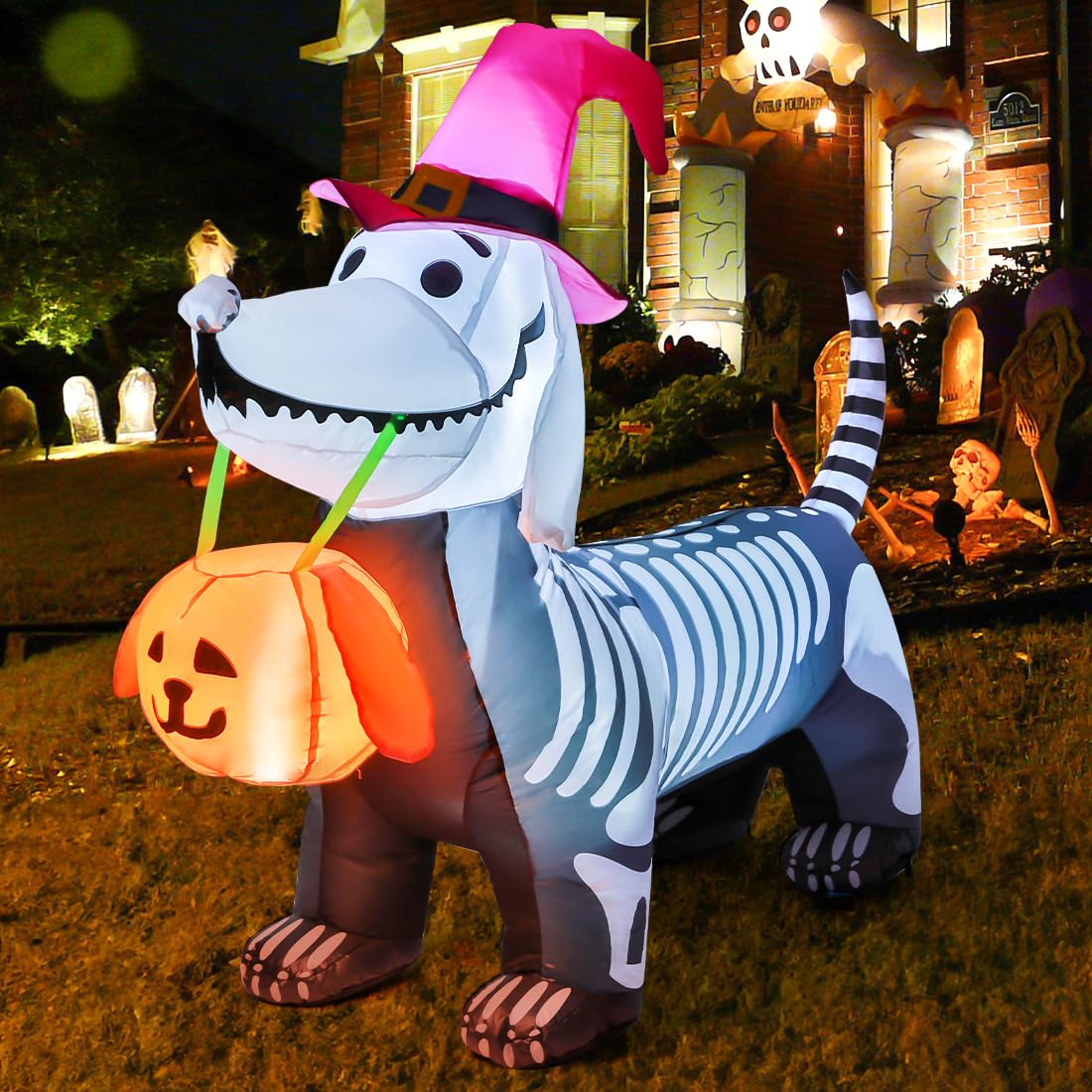 GOOSH 5.5 FT Halloween Inflatables Outdoor Decorations Skeleton Puppy Inflatable Yard Decoration with Build-in LEDs Blow Up Pumpkin for Halloween Party Indoor Outdoor Yard Garden