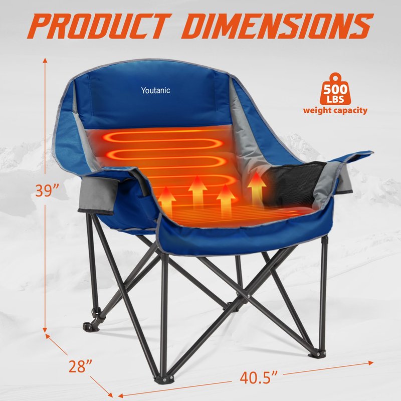 Youtanic Oversized Extra Large Heated Padded Camping Chair up to 500lbs, 3 Heat Levels Camp Chair with Carry Bag, Outdoor Heating Folding Chairs for Adults, Fishing, Sports, Picnic, Gray-Blue
