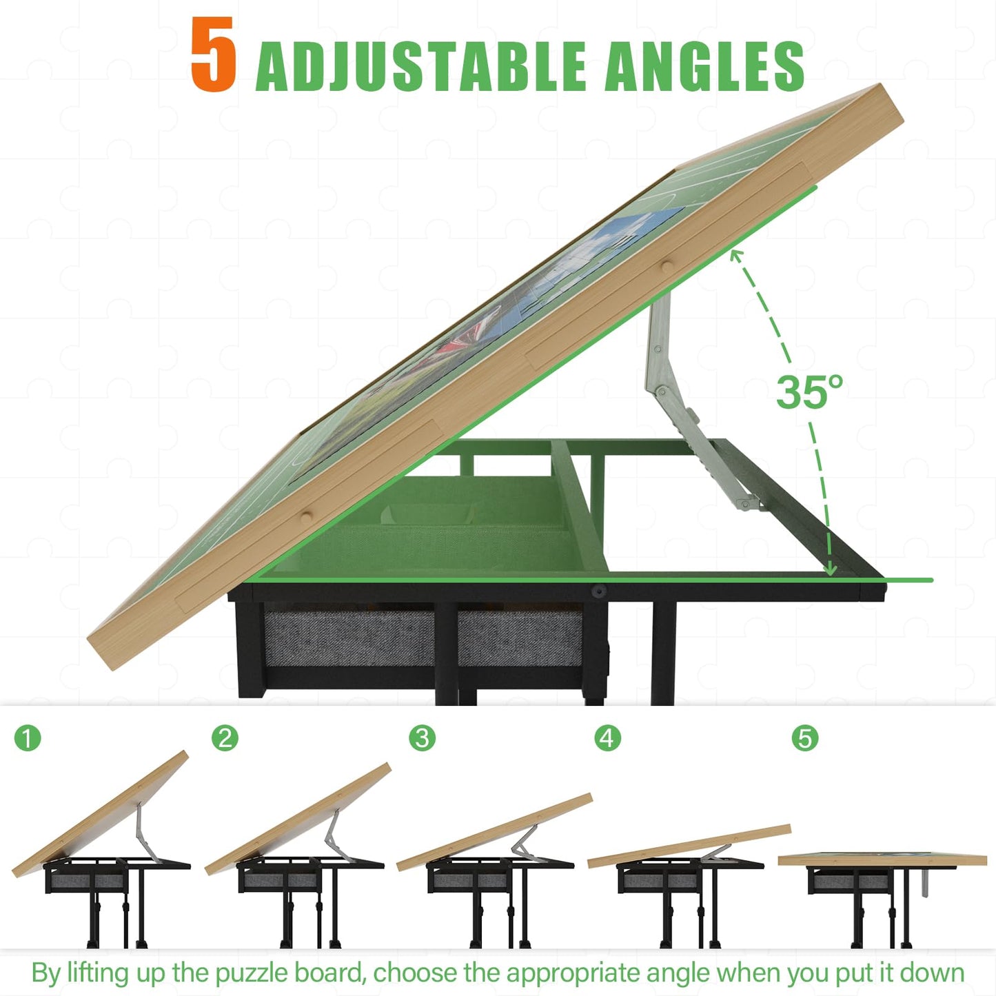 CODACE 1500 Piece Jigsaw Puzzle Table with Legs, Adjustable 5-Tilting-Angle Puzzle Board with 6 Drawers & Cover, 35"x 26" Wooden Board with 4 Wheels for Adults