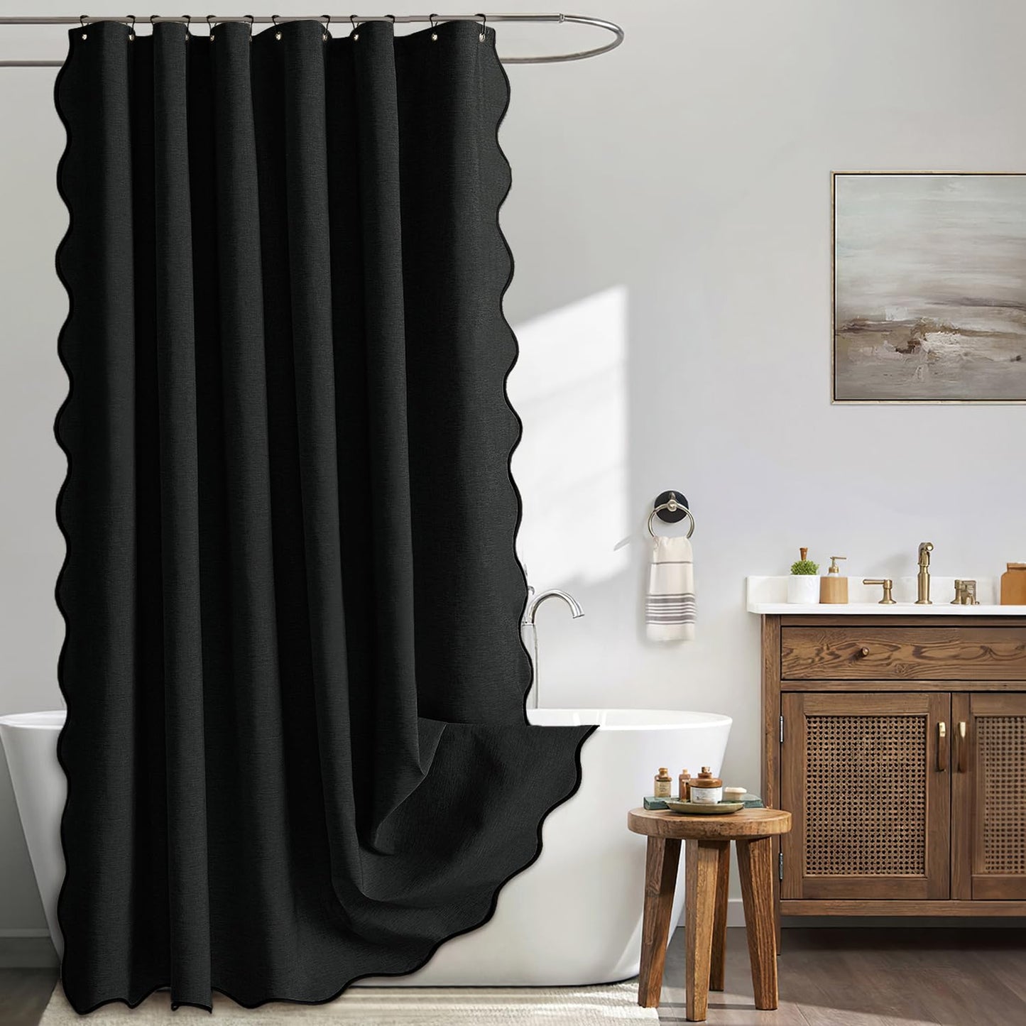 MIULEE 84" Long Scalloped Shower Curtain Linen Textured with 12 Metal Hooks Cute Extra Long Heavy Duty Washable Waterproof Cloth Halloween Shower Curtains with Black Border for Bathroom Hotel,Black