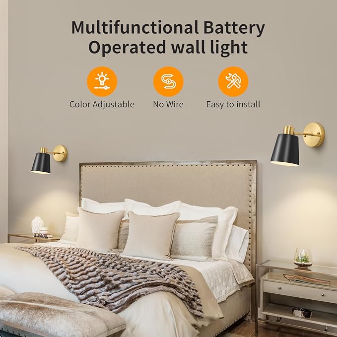 2 Pack Black and Gold Wireless Battery Operated Wall Sconces, Dimmable Battery Powered Wall Decor Set of 2, Cordless Wall Light Lamp with Remote Control for Bedroom Living Room