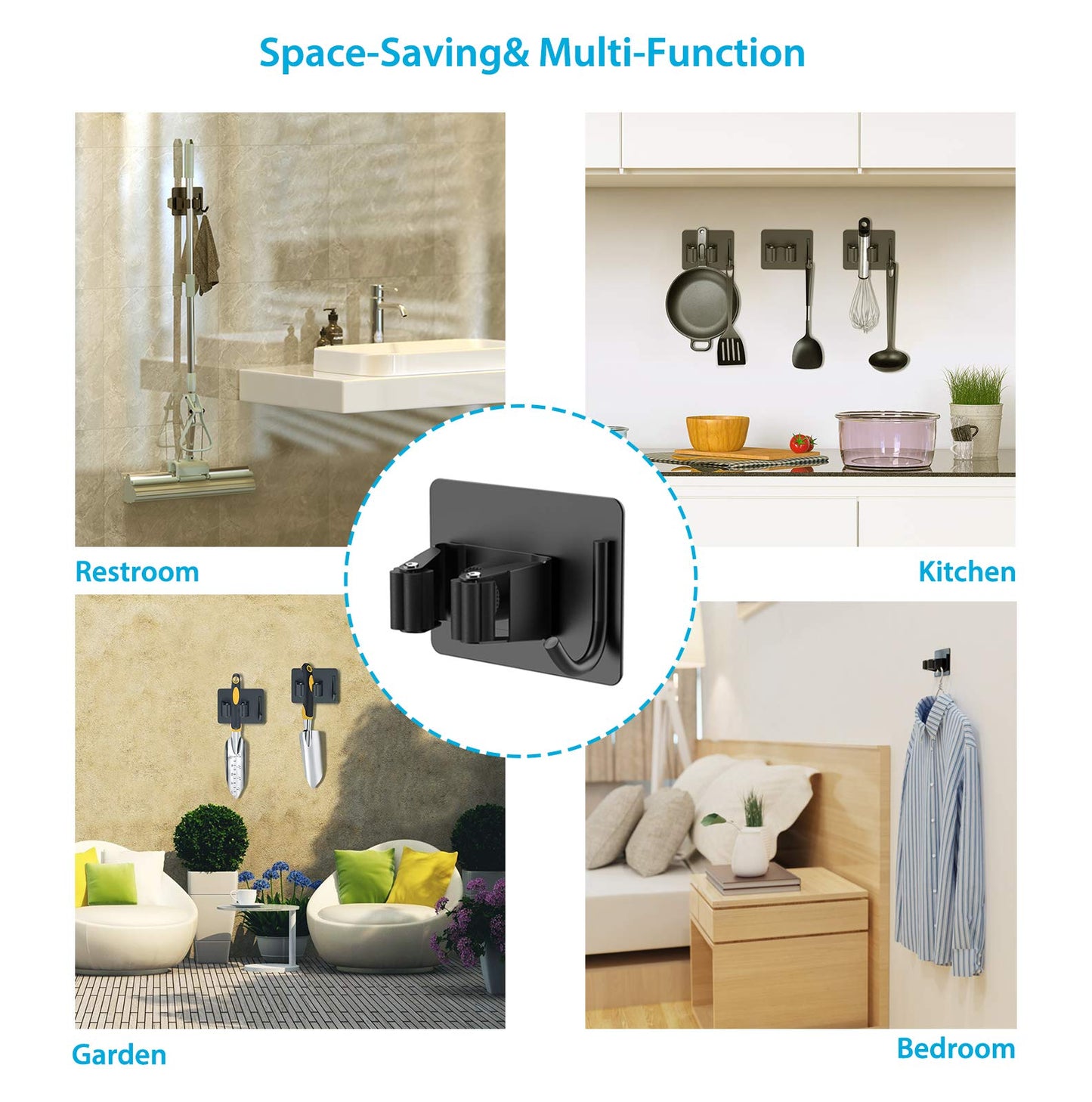homeasy Mop Broom Holder, 4 Pcs Stainless Steel Self Adhesive Mop Holder Wall Mounted with Hooks Hanger Self-Adhesive Broom Holder for Bathroom, Kitchen, Office, Closet, Garden Garage(Black)