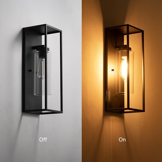 mirrea 18" Dusk to Dawn Outdoor Wall Sconce 1 Light in Cylinder Glass Shade and Matte Black Rectangular Metal Frame Waterproof Porch Light Patio Light Pack of 2