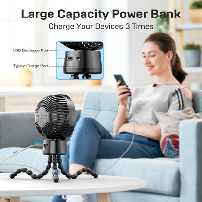 20000mAh Portable Stroller Fan, 120° Auto Oscillation, 3-IN-1 with Power Bank LED Light Detachable Flexible Tripod Rechargeable Battery Powered Clip On Fans Desk for Baby Crib Car Seat Travel