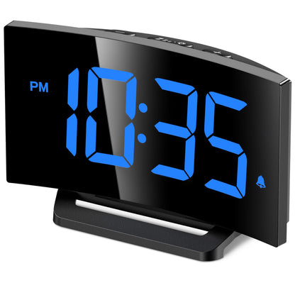 GOLOZA Digital Alarm Clock for Bedrooms with Modern Curved Design, Conspicuous Blue LED Numbers, 6 Levels Brightness, 2 Volume, 3 Alarm Tones, Snooze, Power-Off Memory, 12/24H, Bedside Clock