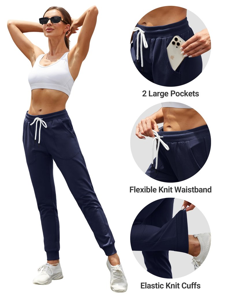 SPECIALMAGIC Women's Tapered Sweatpants with Pockets Athletic Cotton Joggers Drawstring Casual Sweat Pants for Female Long Navy L