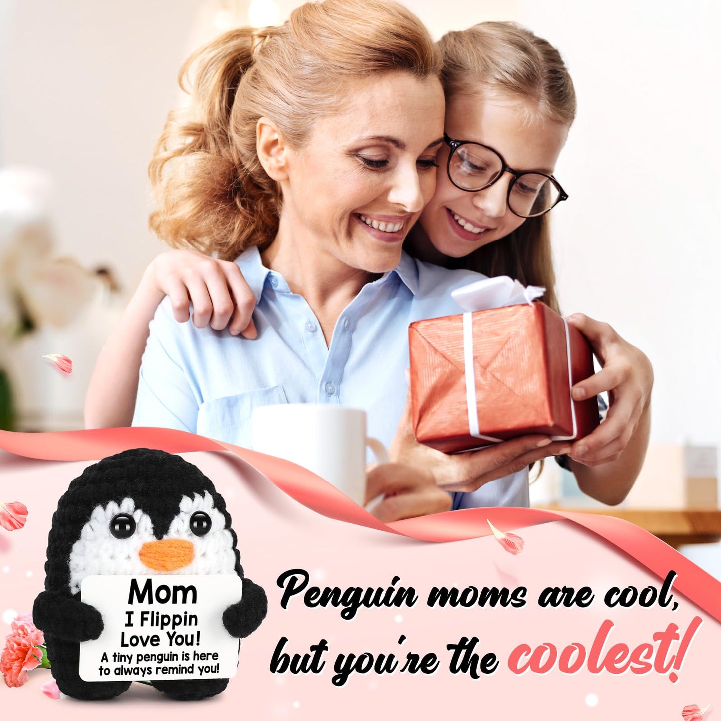 Positive Crochet Penguin, Mini Funny Brithday Galentines Valentines Gifts for Women Men Teens Boys Girls, Inspirational Appreciation Gifts for Coworker Friend Sister Her Him, Emotional Positive Decor