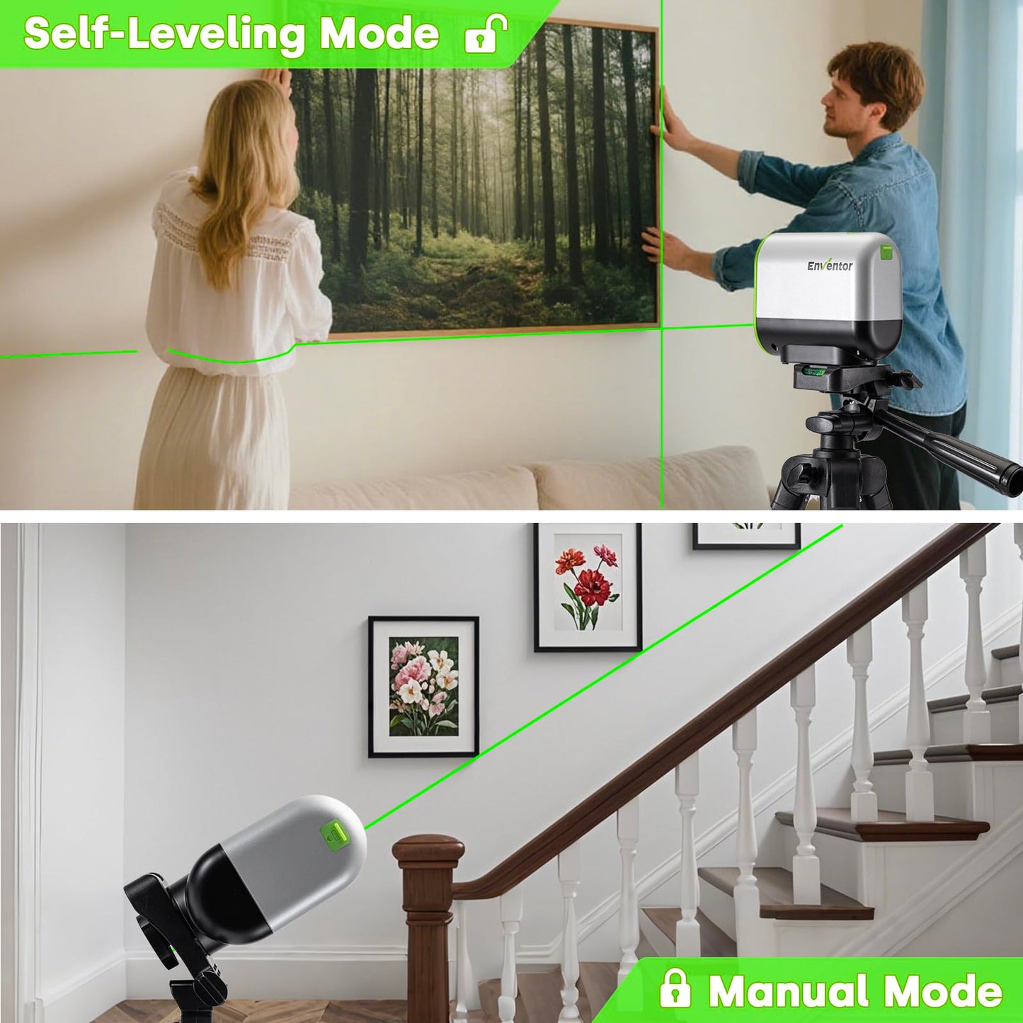 Enventor Green Laser Level, Self Leveling Laser Level for Picture Hanging and Home DIY, Horizontal and Vertical Cross-Line Laser, Rotatable 360° Magnetic Holder, Pulse Mode, USB Charging