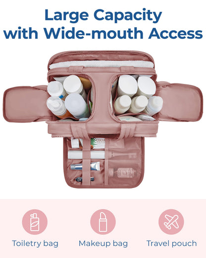 BAGSMART Travel Toiletry Bag, Lightweight Large Wide-open Travel Bag for Women, Puffy Cosmetic Makeup Bag Organizer with Handle for Accessories,Essentials, Toiletries, Dark Pink