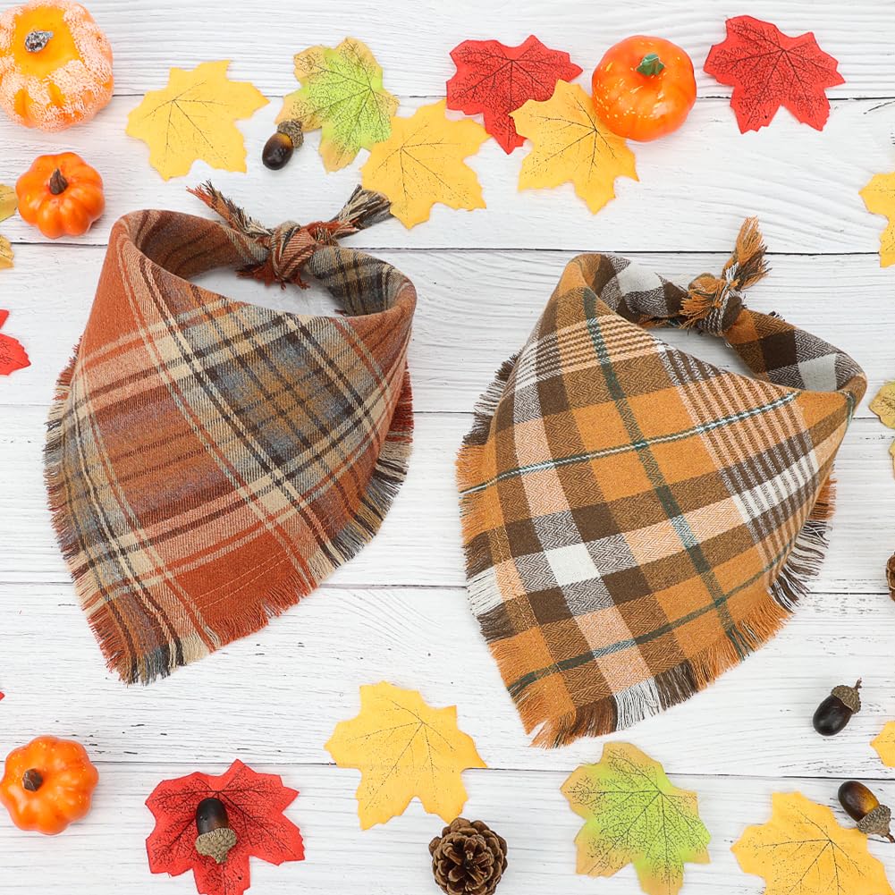 Vivifying Fall Dog Bandana, 2 Pack Halloween Thanksgiving Classic Plaid Dog Scarf with Tassels Edges, Funny Pet Apparel & Accessories Costume for Photo Prop, and Party Decor (Large, Yellow&Orange)