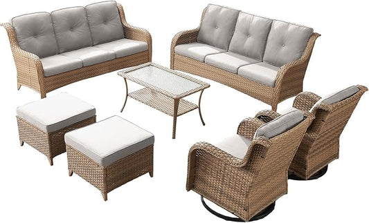 Rilyson Patio Furniture Swivel Chairs Set - 7 PC Wicker Rattan Outdoor Sectional Conversation Sets with 2 Rocking Chairs,2 Ottoman,2 Sofa and 1 Coffee Table for Porch Deck Garden(Yellow/Beige)