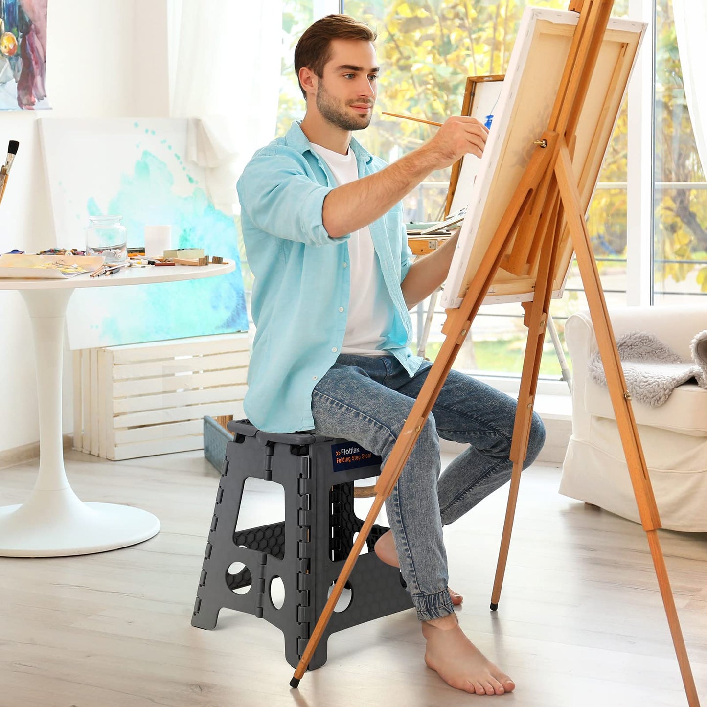 Flottian 16" Folding Step Stool for Adults and Kids Holds Up to 300 lbs,Non-Slip Folding Stools with Handle, Compact Plastic Foldable Step Stool for Bathroom,Bedroom, Kitchen, Gray,1PC