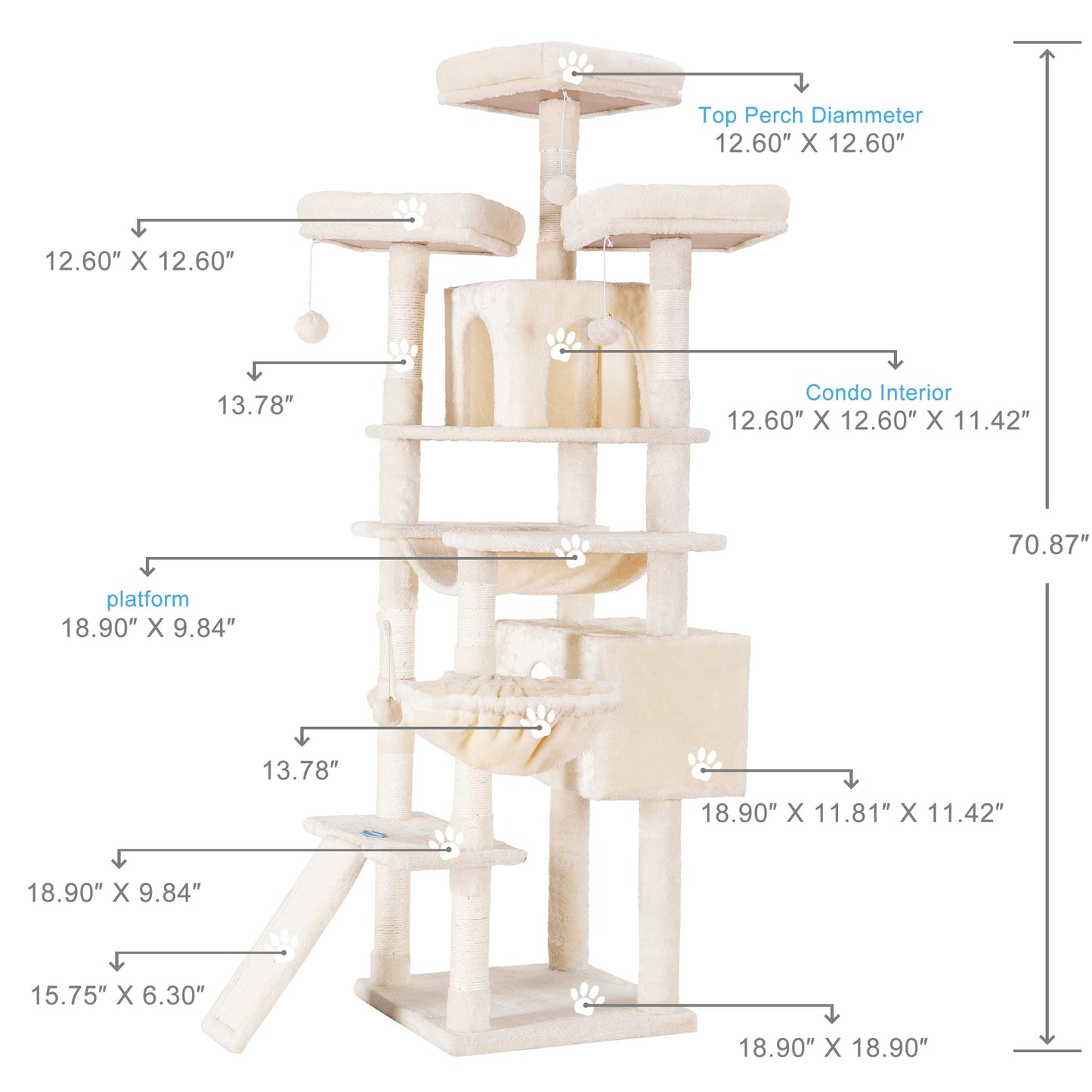 Hey-brother Cat Tree, 71 inches XL Large Cat Tower for Indoor Cats, Multi-Level Cat House with 3 Padded Perches, Big Scratcher, Cozy Basket, 2 Cat Condos and Scratching Posts, Beige MPJ034M