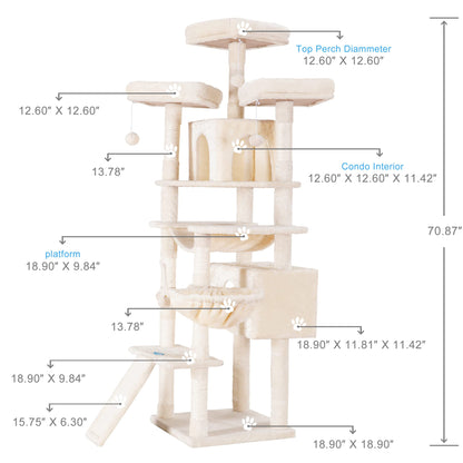 Hey-brother Cat Tree, 71 inches XL Large Cat Tower for Indoor Cats, Multi-Level Cat House with 3 Padded Perches, Big Scratcher, Cozy Basket, 2 Cat Condos and Scratching Posts, Beige MPJ034M