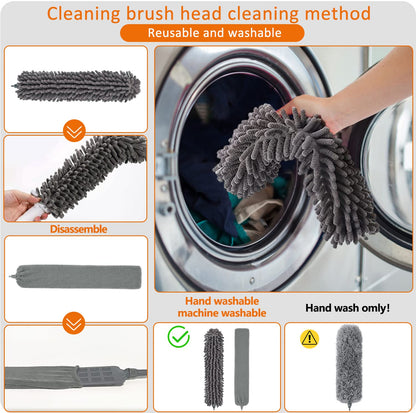 Feather duster 5PCS kit with 30-100 inch telescopic extension pole, detachable bendable and reusable gap hand crevice brush for cleaning dust cobwebs on high ceiling fans lights blinds cars furniture