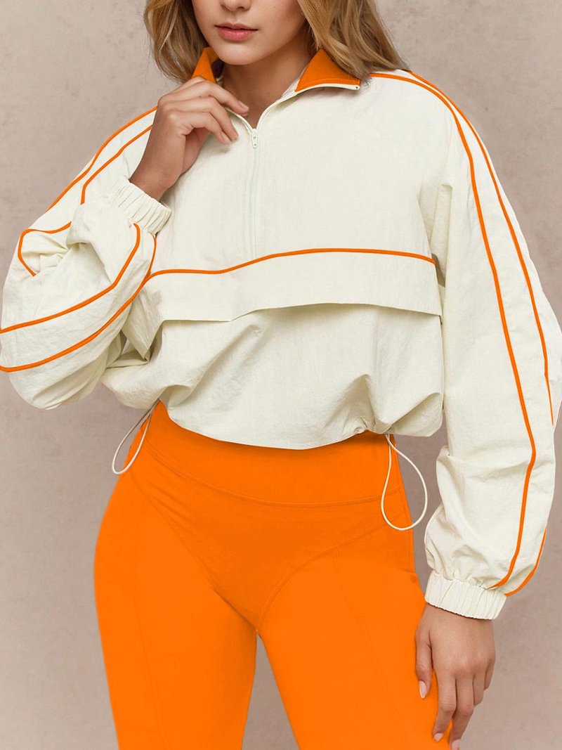 Kinivi Women Stretch Water Repellent Half Zip Crop Windbreaker Jacket Stand Collar Contrast Piping Lightweight