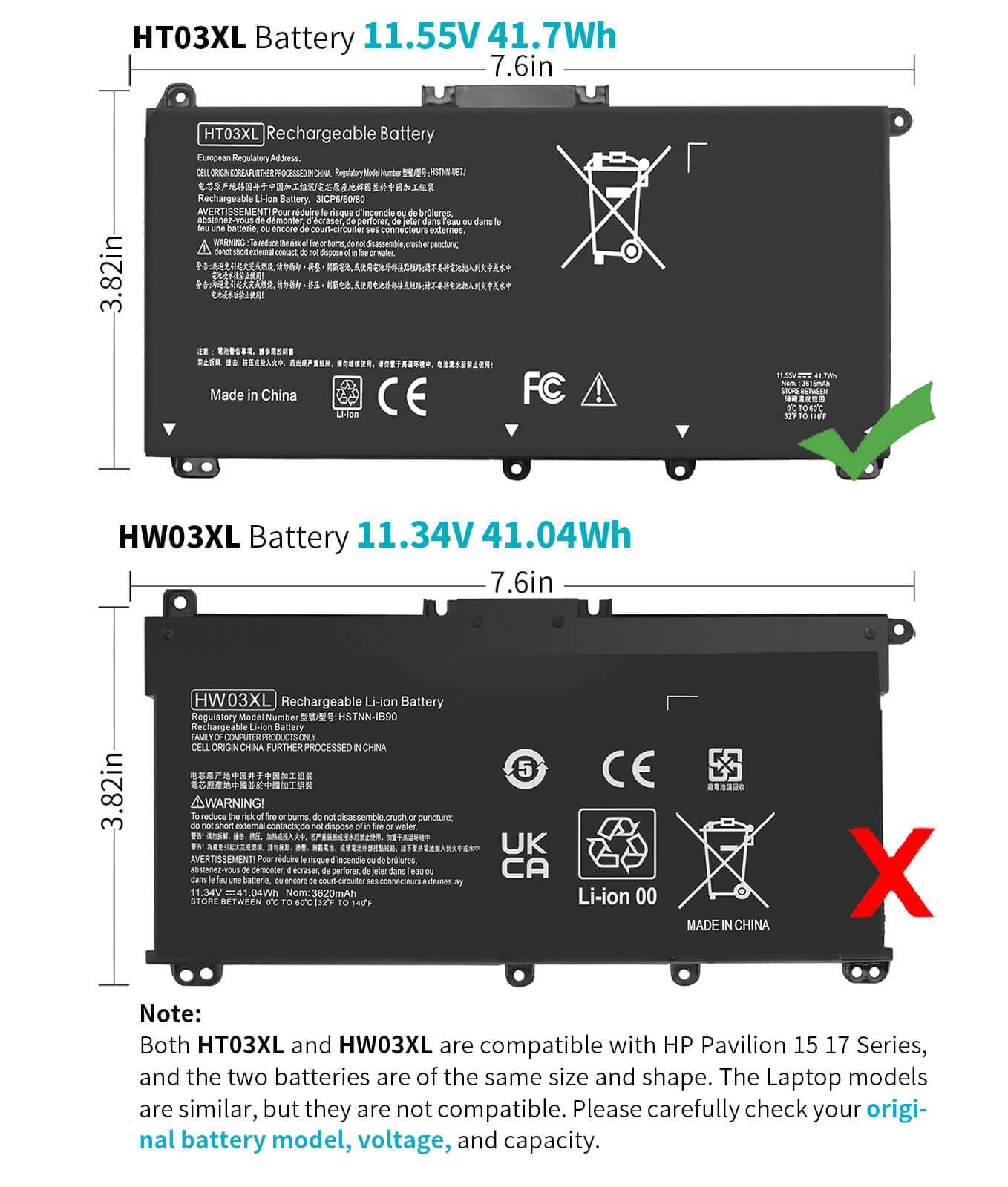HT03XL L11119-855 Laptop Battery for HP Pavilion 14-CE 14-CF 14-DF 15-CS 15-DA 15-DB 15-DW 17-by 17-CA Series 15-CS0053CL 15-DW0033NR 15-DA0014DX L11421-542 L11421-2C2 HSTNN-UB7J HSTNN-DB8R HT03041XL