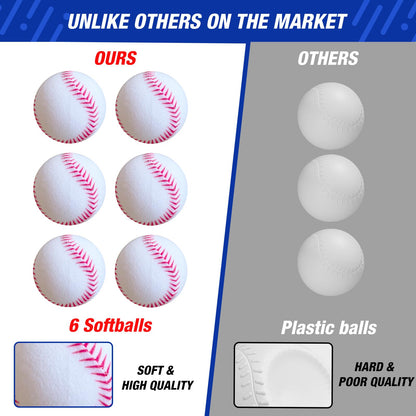 HYES 3-in-1 Baseball Set for Kids 3-5 - Tee Ball Stand, Hanging Tee, Ball Launcher and 6 Softballs - Adjustable Height, Indoor/Outdoor Sport Gifts for Boys, Blue