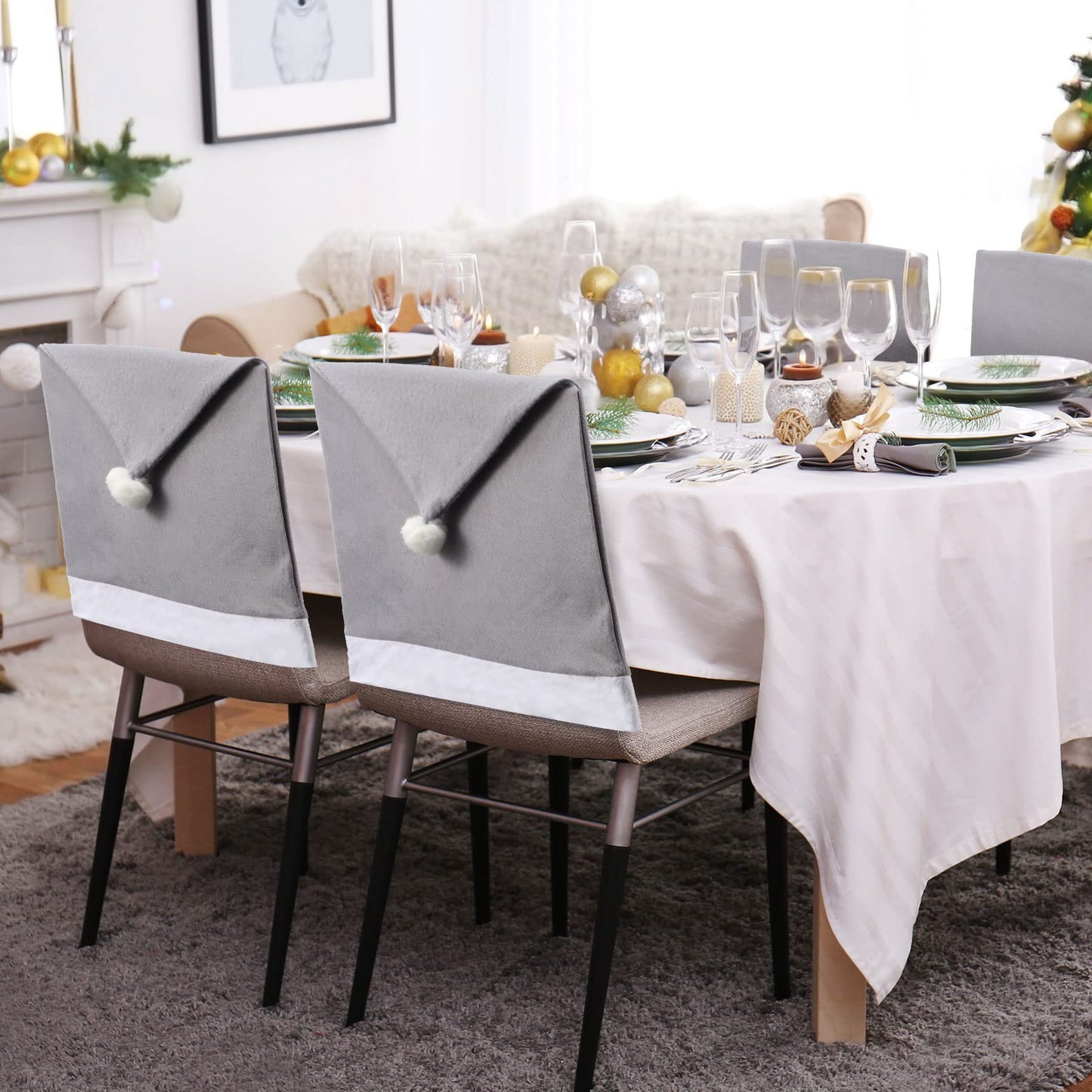 Tatuo 4 Pieces Christmas Chair Covers Decor, Santa Claus Hat Snowflake Chair Xmas Cap, Kitchen Dining Chairs Slipcovers Sets for Christmas Holiday Festive Decorations(Grey)