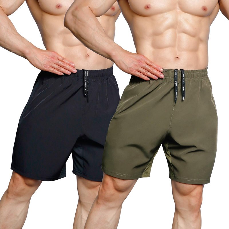 Gaglg Men's 7" Athletic Shorts 2 Pack Quick Dry Workout Running Shorts with Zipper Pockets Black/Green,Large