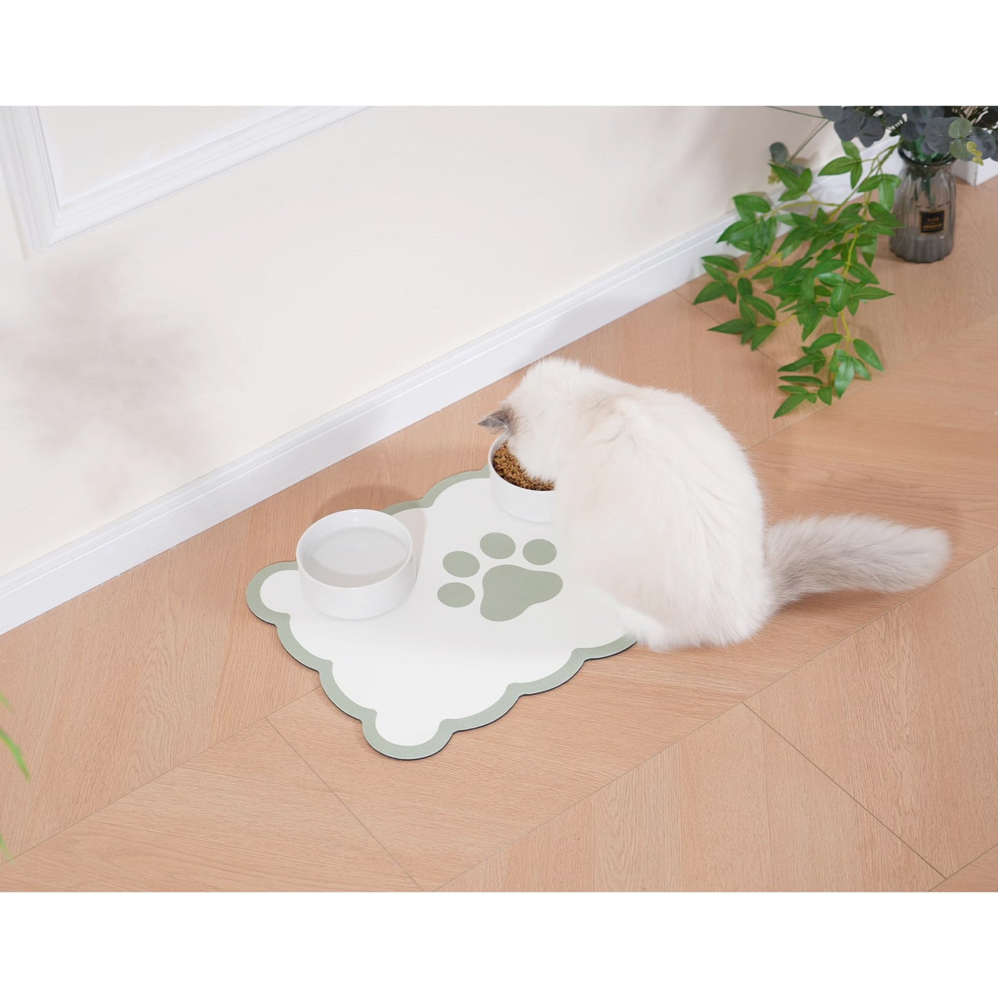 Ralxion Scalloped Dog Feeding Mat, Absorbent Mats for Dog Food and Water Bowl, Dispenser, Cute Elegant Aesthetic Preppy Sage Green Scallop Pet Placemat for Dogs, Cats, Puppy Accessories, 14" X 19”