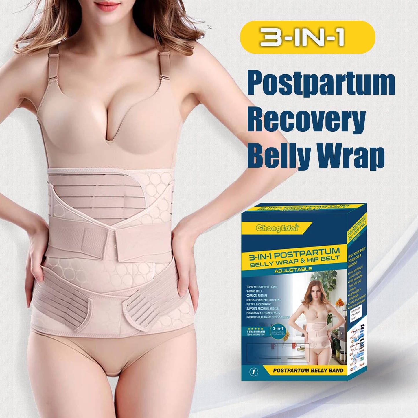 ChongErfei 3 in 1 Postpartum Support - Recovery Belly/waist/pelvis Belt Shapewear Slimming Girdle, Beige, L For Posture Correction