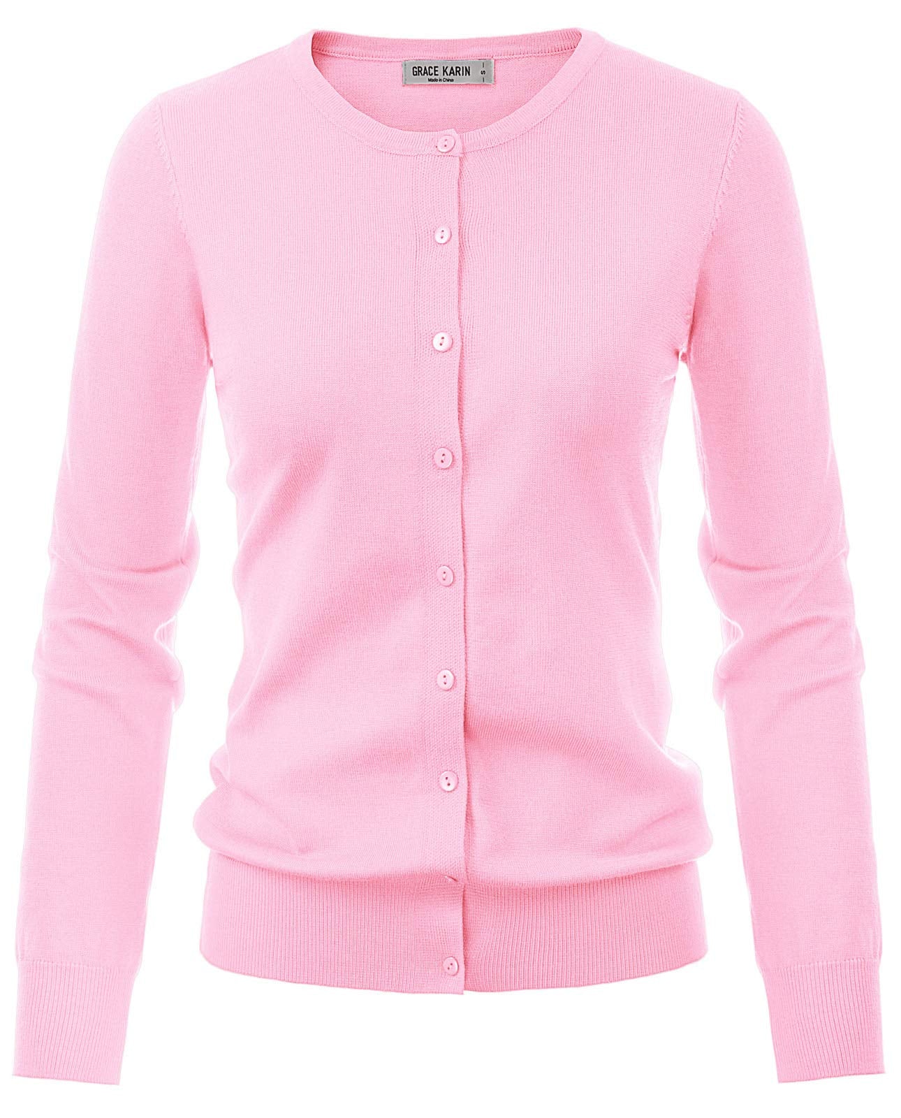 GRACE KARIN Pink Cardigan Sweaters for Women Long Sleeve Lightweight Cardigans for Women Crewneck Sweater Tops M