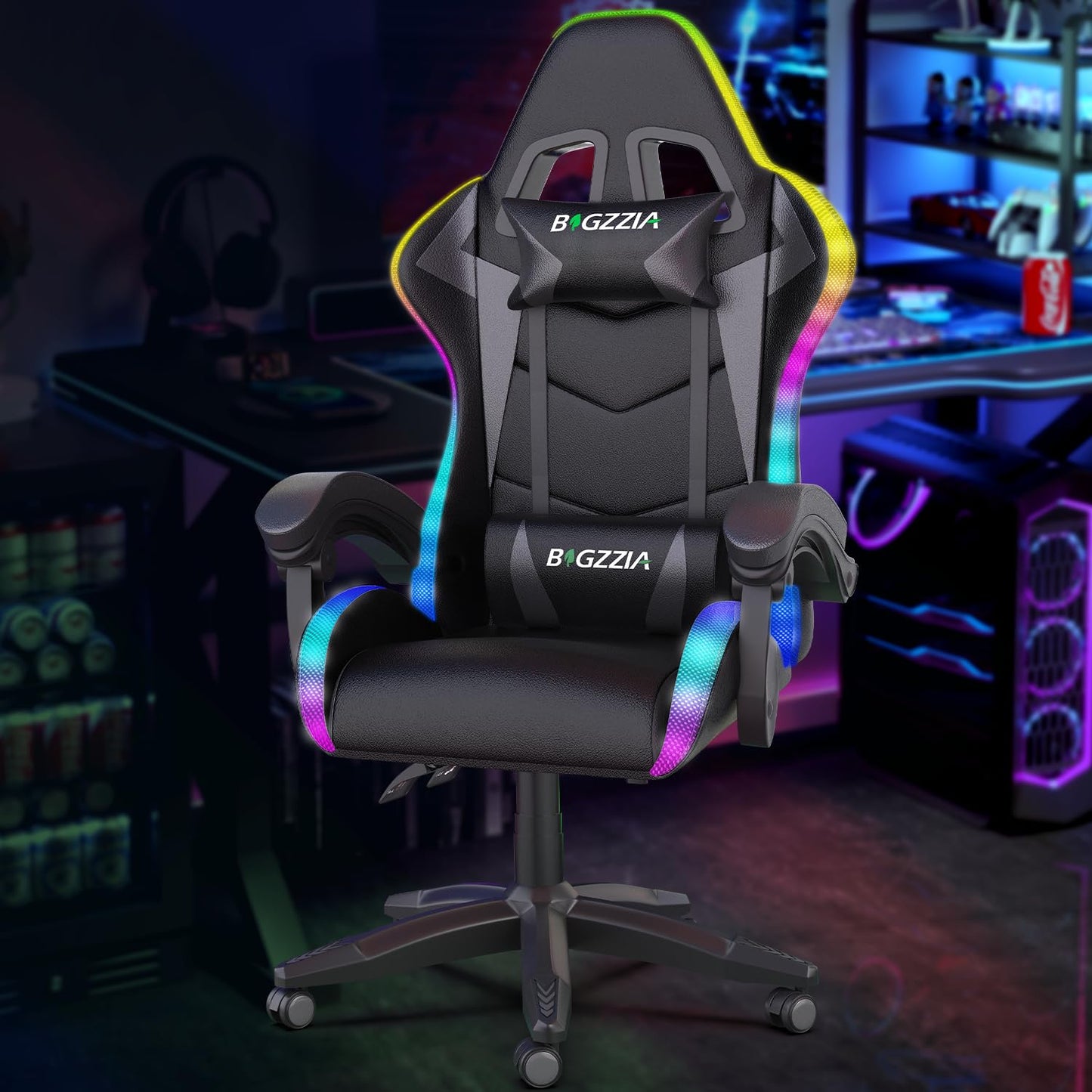 Bigzzia Gaming Chair with RGB LED Lights, High Back Ergonomic Computer Gamer Chair with Headrest and Lumbar Support, Racing Style Reclining Game Chair for Adults, Kids (Black)