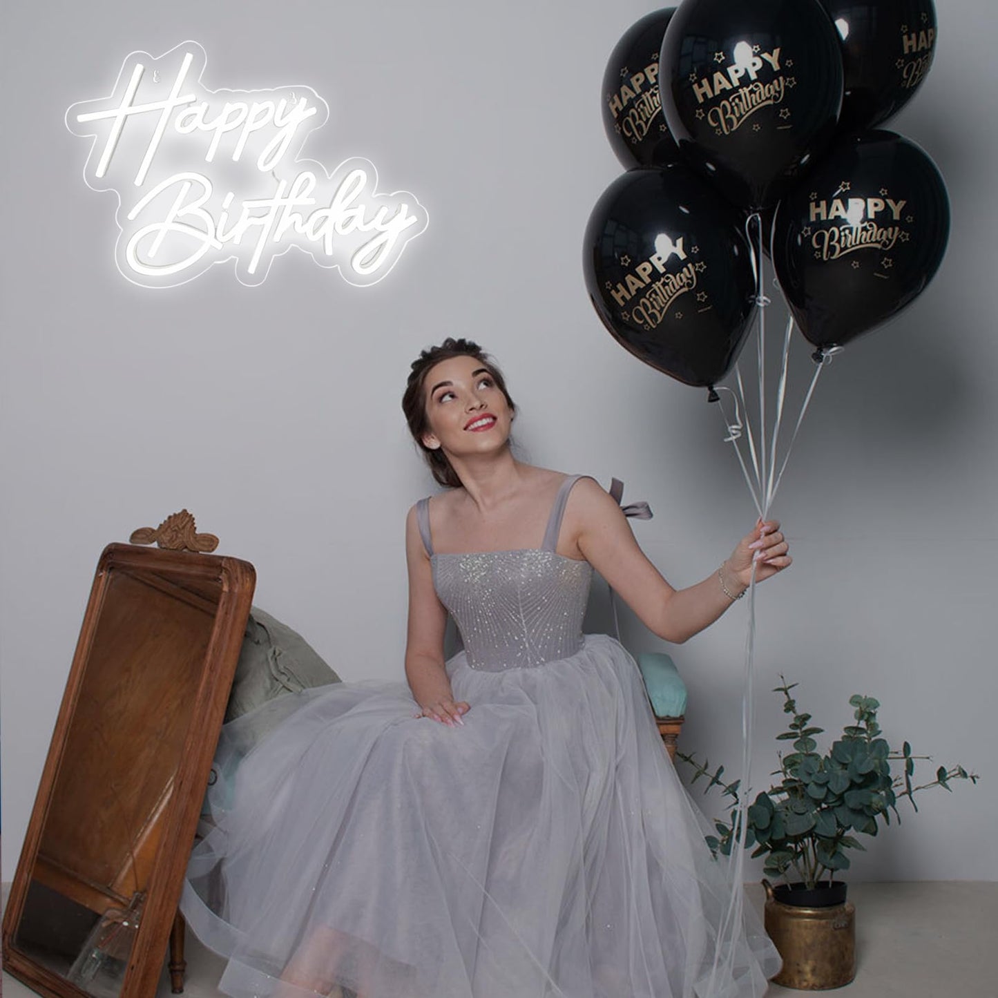 Happy Birthday Neon Sign for Wall Decor, Warm White LED Neon Light Signs, Art Decoration Happy Birthday Neon Light Sign for All Birthday Party Decoration with 2 Pcs Pasters (17×12 Inch)