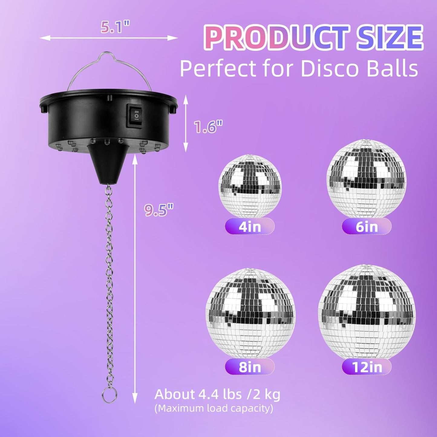 Rotating Disco Ball Motor with Light: Battery Operated 6 RPM Hanging Mirror Ball Spinner - 18RGBW Led Light Up 4 6 8 12 inch Party Disco Balls Rotator for Parties Home Decor Weddings KTV